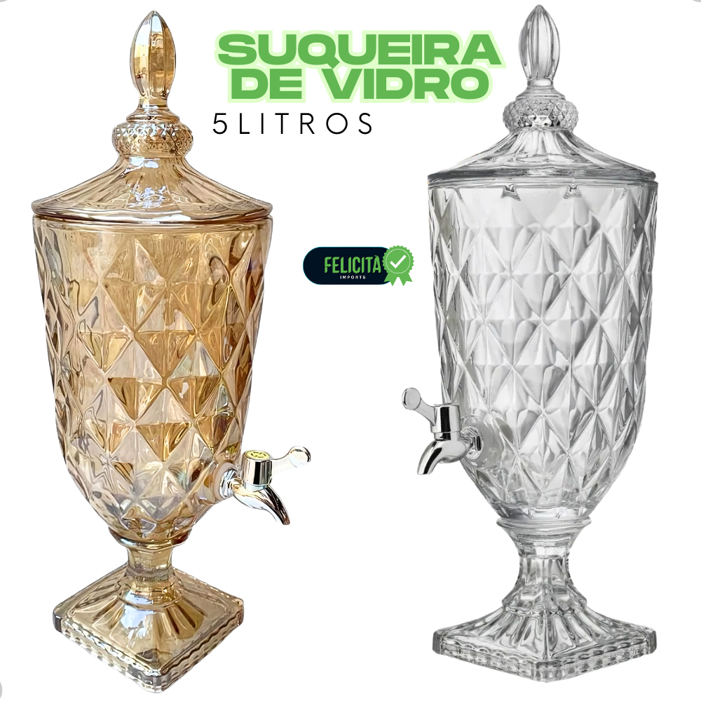 Suqueira De Vidro 5 Litros Cristal Transparente e Ambar Luxo Dispenser ...