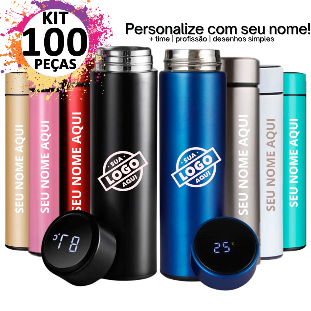 Kit 100 Garrafa Termica inteligente 500ml Com Visor de Temperatura Personalizáveis (Melhor Oferta)