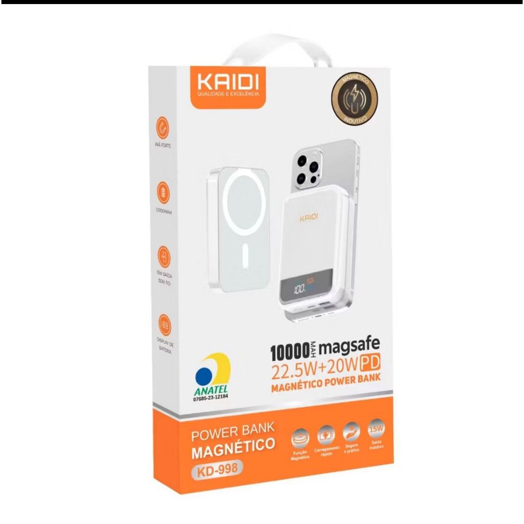 Carregador Portátil Power Bank Turbo Por Indução Magnético Kaidi KD 998 ...