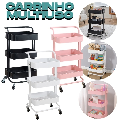 Carrinho Organizador Multiuso 3 Prateleiras e Alça Auxiliar Em Aço Com Rodinha Reforçado