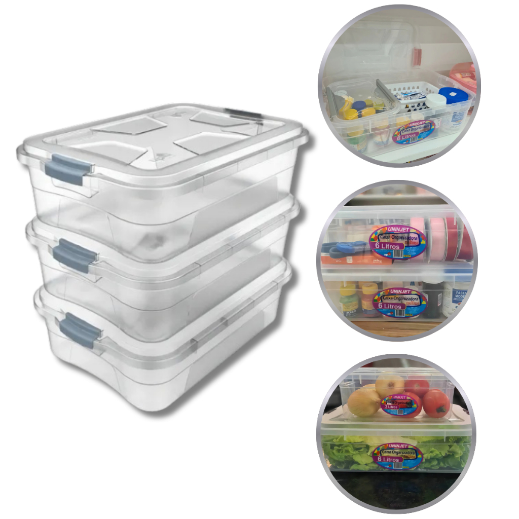 Kit 3 Caixas Organizadoras Transparente 6 Litros com Travas Uninjet