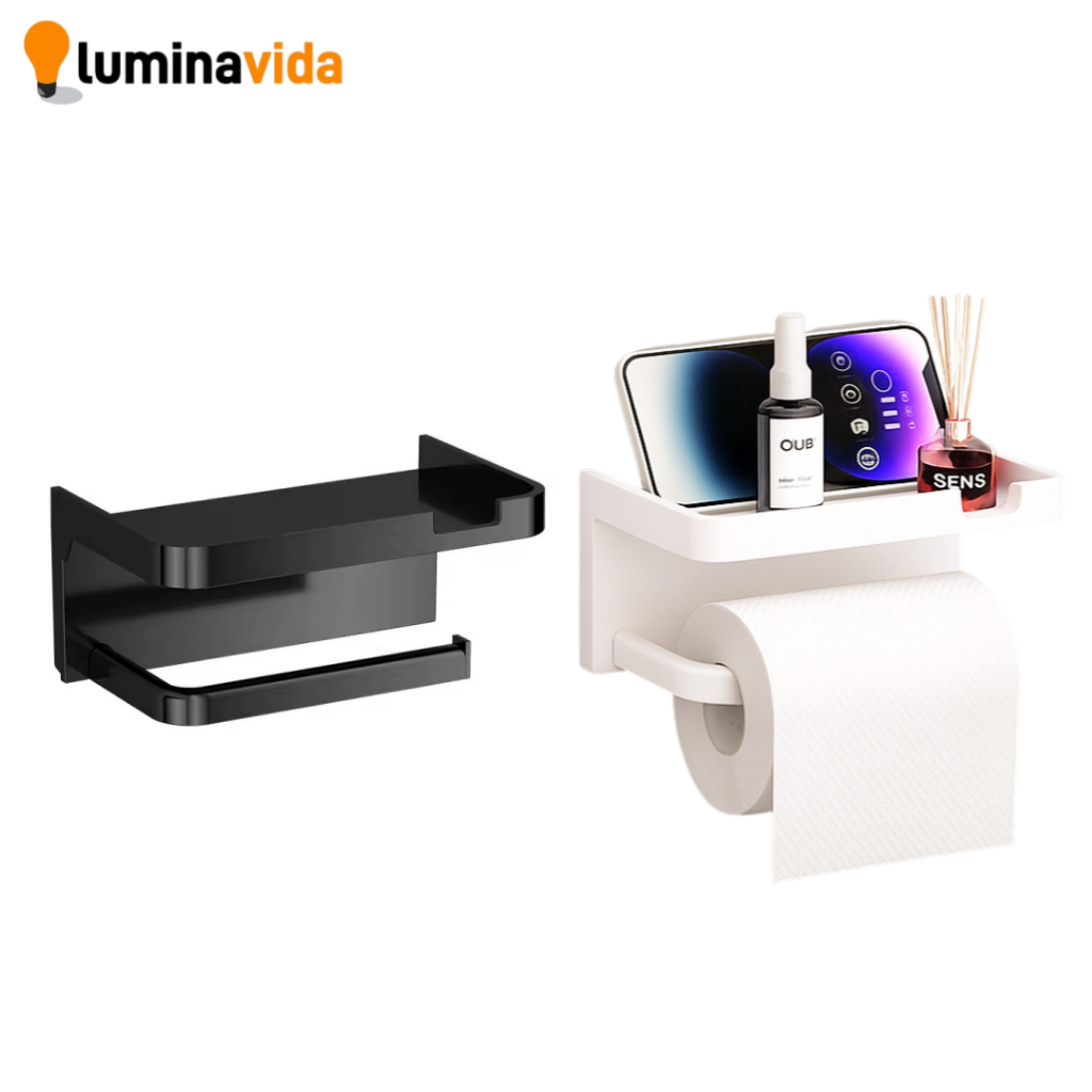 Kit Suporte Papel Higiênico Premium Apoio Para Celular de Banheiro Fixo na Parede Sem Furos Branco