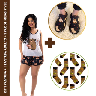 KIT 1 Pantufa + 1 Short dool ADULTO+ 1 Par de meias  DA CAPIVARA Pijama Feminino ADULTO Chinelo de Quarto BABY DOOL em Oferta na Shopee