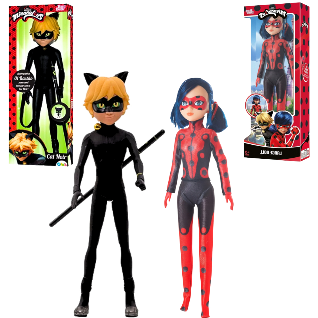 Boneca Ladybug 55cm + Cat Noir Com Bastão Grande Original Infantil Em ...