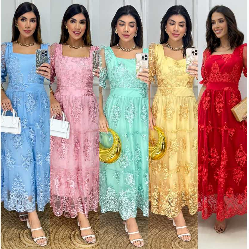 Vestido Midi TecidoTule Bordado Forrado Manga Princesa Shopee Brasil