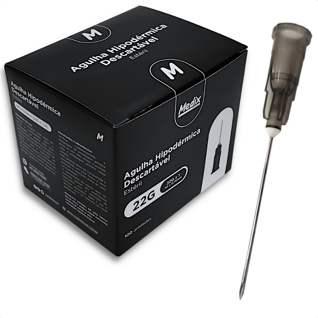 Caixa 100un Agulha HiPodérmica 22g X1 Preta Cinza 25x7mm Intramuscular ...