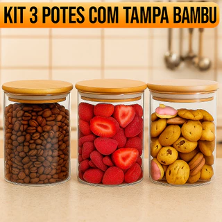 Kit 3 Pote com Tampa Bambu 440ml Vidro Hermético Para Alimentos Condimentos