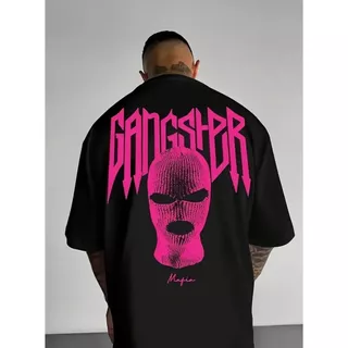 Camiseta Oversized Gangster Estilosa Moda Gringa Style Camisa Grande Ombro Caído T-Shirt Casual
