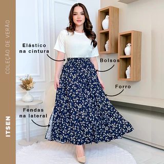 Saia Longa Estampada Floral com Forro, Fendas e Bolsos laterais com elástico na cintura | moda evangélica | viscolinho