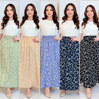 Saia Longa Estampada Floral com Forro, Fendas e Bolsos laterais com elástico na cintura | moda evangélica | VISCOLINHO
