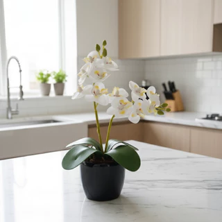 ARRANJO DE MINI ORQUÍDEA BRANCA NO VASO DE CERÂMICA REDONDO - 24 CM ALTURA