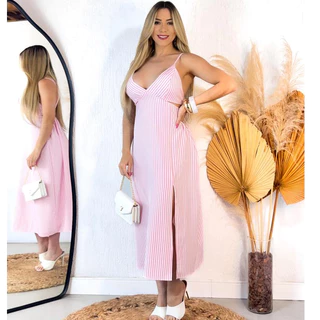 Vestido longo Feminino estampado alcinha com bojo floral vestido listrado verão tropical crepinho em Oferta na Shopee