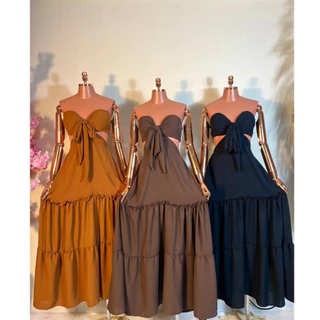 Vestido Longo Feminino com Bojo e Babado – Lastex nas Costas, Tecido Leve – Verão 2025