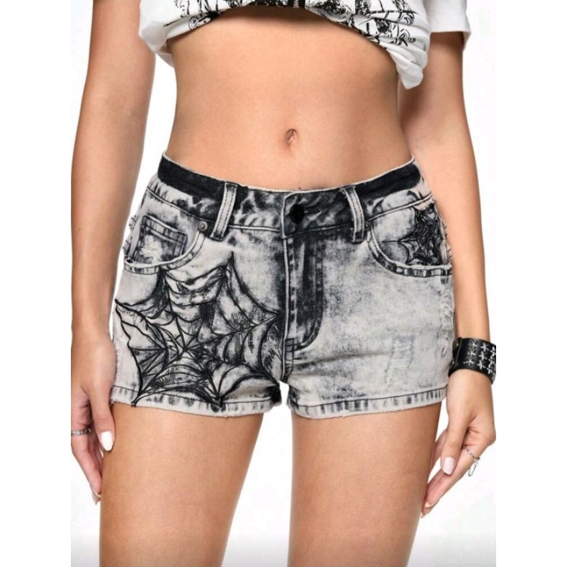 ROMWE Grunge Punk Short curto Denim de Cintura Baixa com Estampa