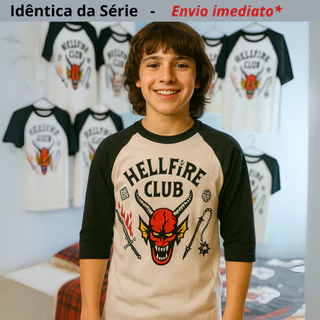 Camiseta Hellfire Club Manga 3/4 Stranger Things Personalizada Geek Nerd Blusa Raglan Envio Imediato