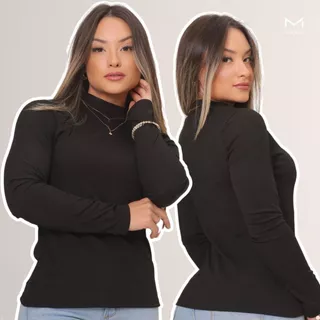 Blusa Feminina Segunda Pele Manga Longa Gola Alta Canelada Basica Cacharrel T-shirt Casual Versátil