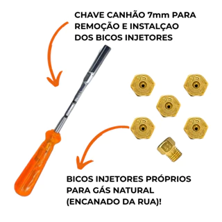 Kit 6 Injetores Conversão de Fogão ou Cooktop GN para GLP ou GLP para GN Todas as Medidas Com Chave
