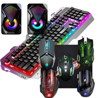 Kit Gamer 5 em 1: Teclado Semi Mecânico Iluminado RGB + Mouse para Jogos + Mouse Pad + Caixa de Som