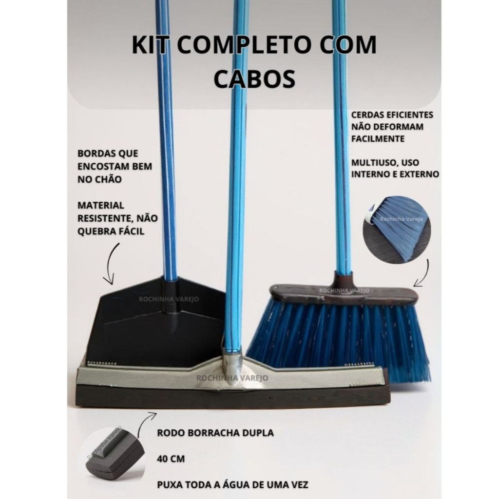 Kit com Vassoura com cabo, Rodo Duplo de 40cm com Cabo e Pá de Lixo com ...