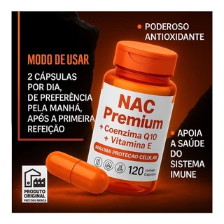 Nac Premium 600mg + Coenzima Q10 200mg + Vitamina E 100mg 120 cápsulas Acetilcisteína N Acetil L Císteína Antioxidante