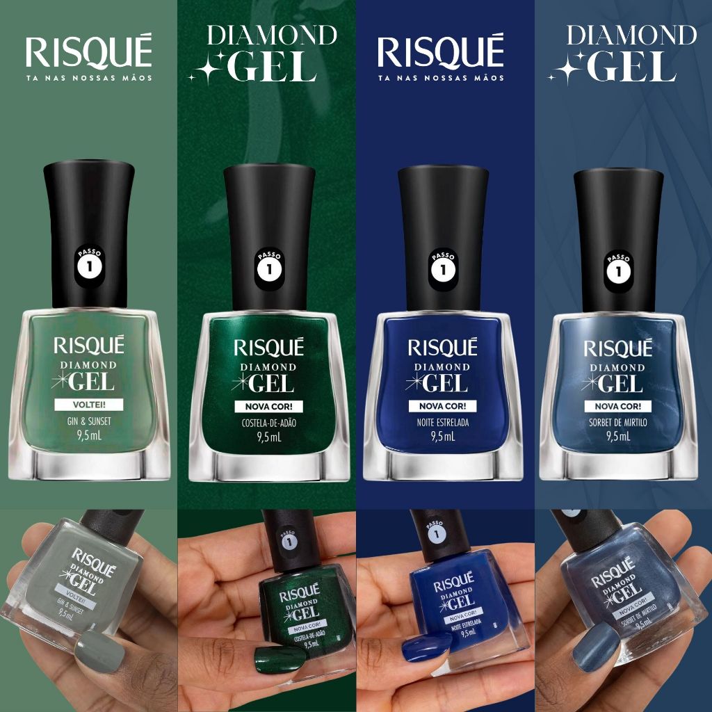 Kit 4 Esmaltes Risqué Diamond Gel Tons Verdes e Azul Metalizado Cremoso ...