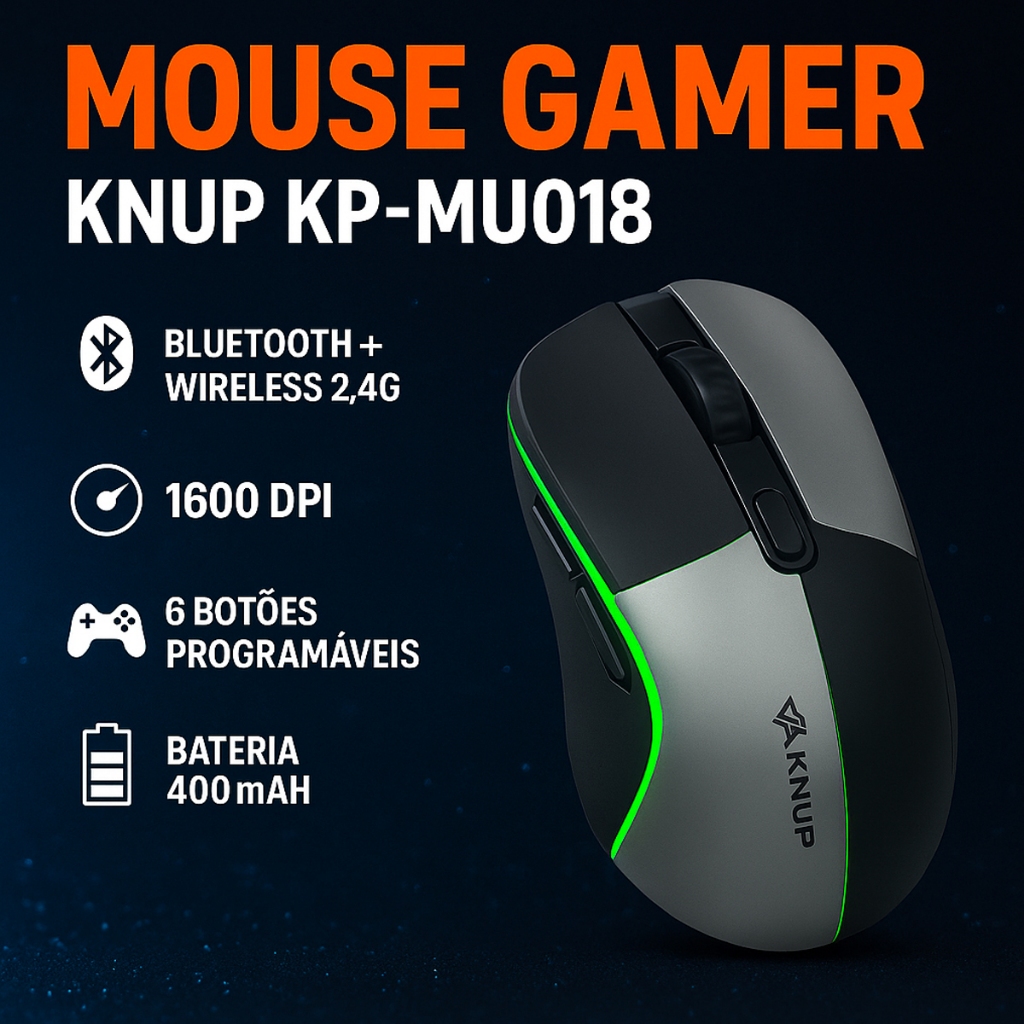 Mouse Gamer Sem Fio | Bluetooth + Wireless 2.4G, 1600 DPI, 6 Botões ...