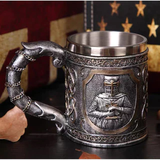 Caneca Templário Guerreiro Viking Medieval Resina Aço Inox Festa Decoração