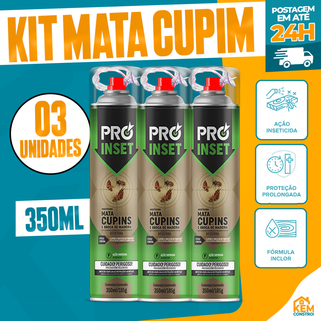 Kit 03 Mata Cupim Incolor Spray ProInsect 350ml com Bico Injetor Ação ...