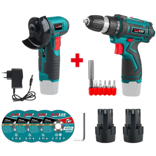 Kit 2 em 1 Esmerilhadeira Angular + Parafusadeira Furadeira Sem Fio 12V com Acessórios
