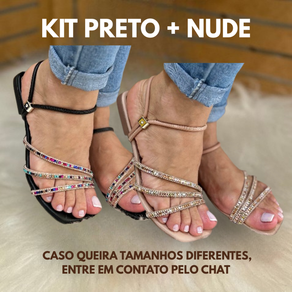 Sandália Rasteira Feminina com Strass Colorido, Confortável