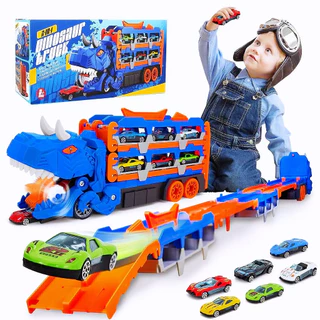 Caminhão Dinossauro Brinquedo Transporte Acompanha 6 Carros Pista Expansível Presente Infantil