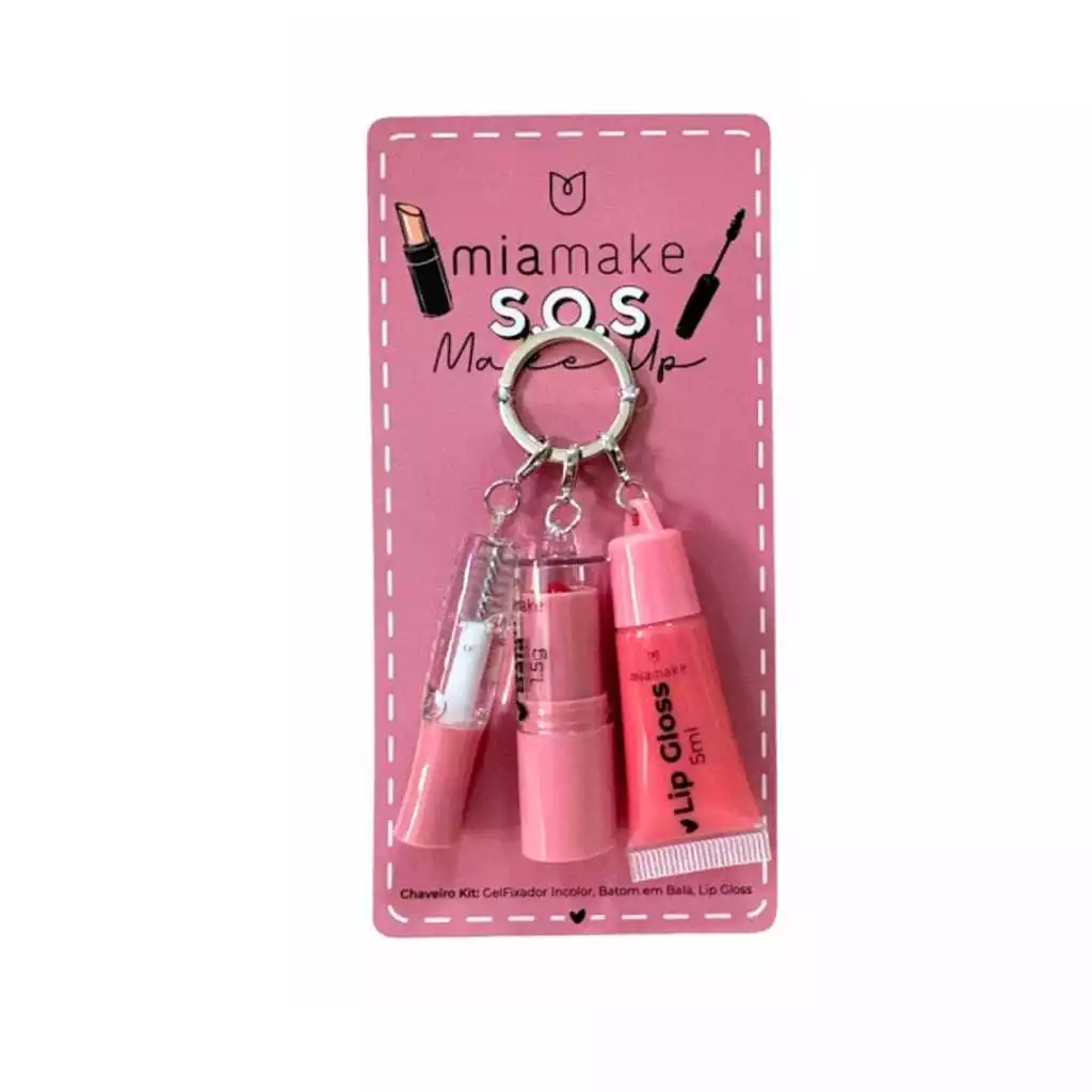 Kit Chaveiro SOS Make Up MiaMake - Batom + Gloss + Gel Fixador