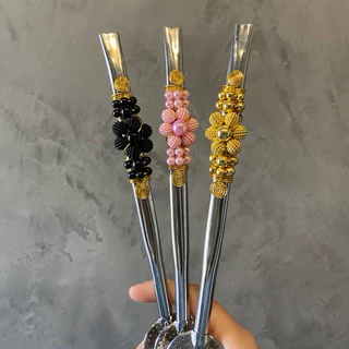 Bomba de Chimarrão Inox Decorada Artesanal Pedras