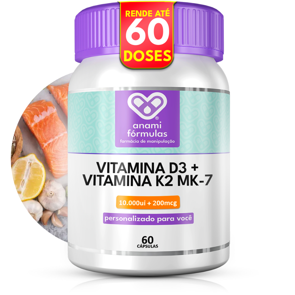 Vitamina D3 1O.OOOUI + K2 MK7 200mcg 60 Cáps | c/ TCM, Imunidade, Ossos Fortes