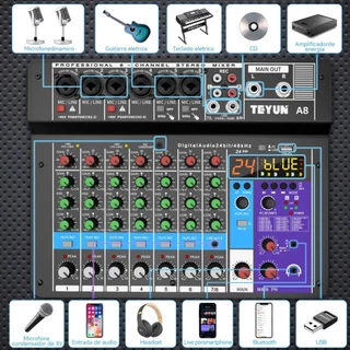 TEYUN 8 Canais Mesa De Som Profissional Mixers Som Mixagem Console Entrada do Computador 48V Número de Potência Para DJ em Oferta na Shopee