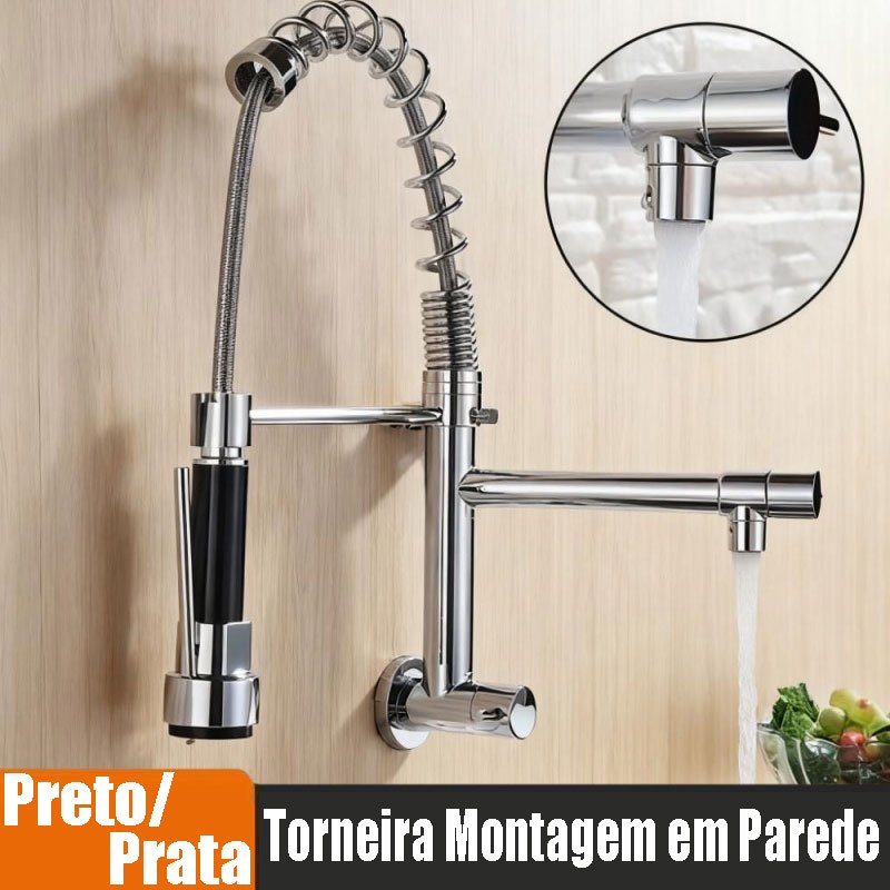 Torneira Gourmet Cozinha Instalação Em Parede Dupla Função Monocomando preto/prata