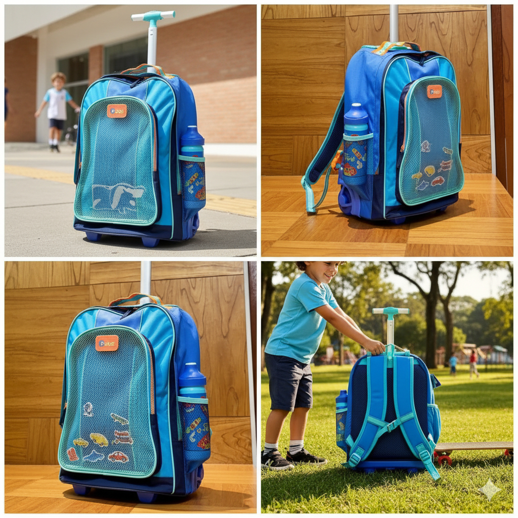 Mochila escolar com Rodinha Puket Color Block Menino Azul Shopee
