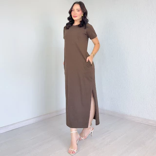 Vestido Feminino Longo Elegante 100% Algodão Com Bolso e Fenda em Oferta na Shopee