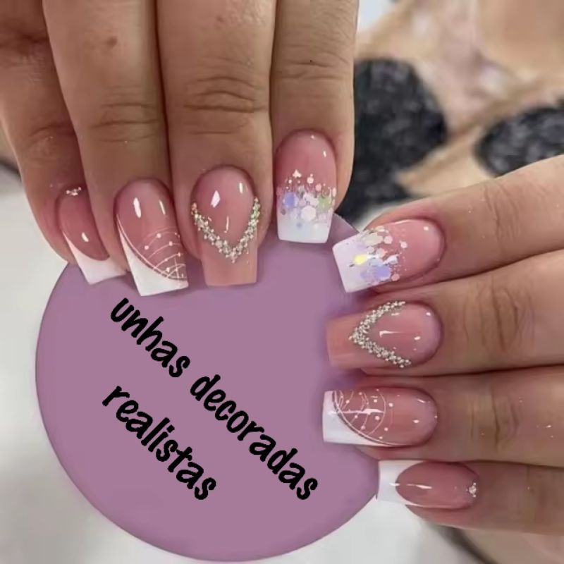 kit 24 unhas postiças decoradas, quadrada, Francesinha, glitter,unhas ...