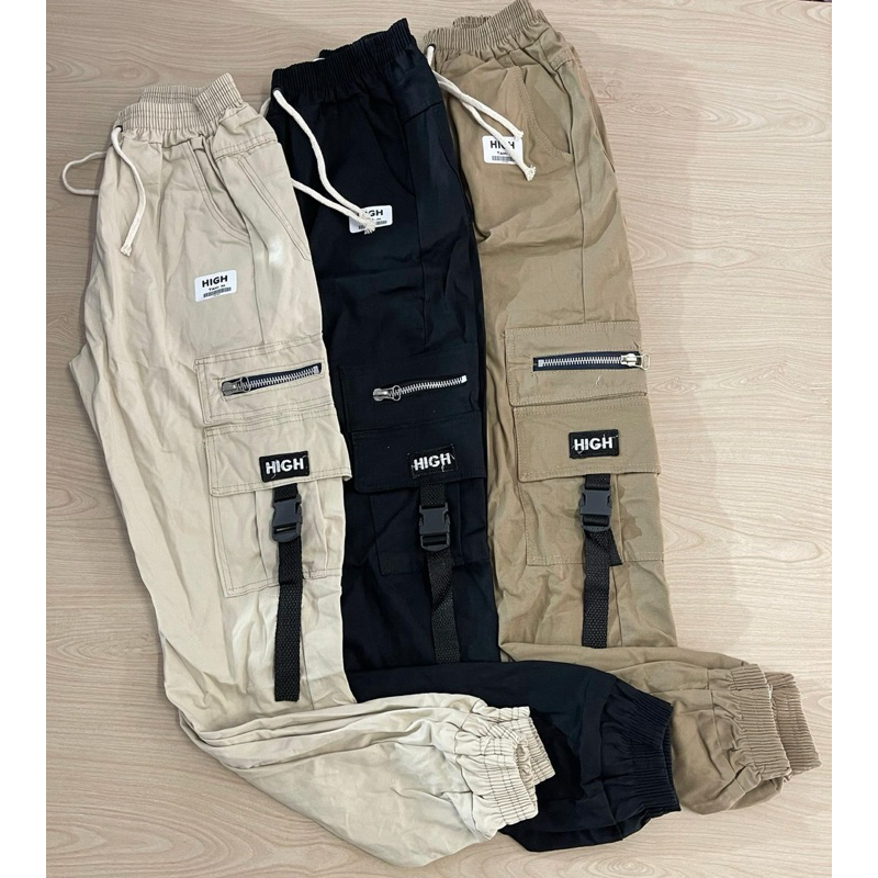 CALÇA CARGO Jogger Masculina Sarja Com Punho Stretwear Com Zíper e Fivela