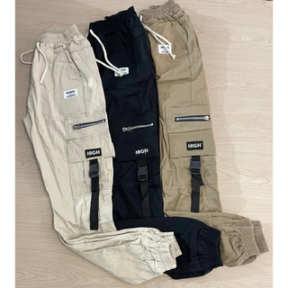 CALÇA CARGO Jogger Masculina Sarja Com Punho Stretwear Com Zíper e Fivela