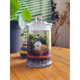 Terrário Fofo de Halloween – Mini Jardim em Vidro com Plantas Naturais e Decoração Fofa by Lúmina