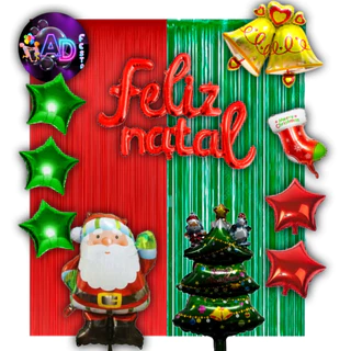 Kit Festa Natal Cortina, Balões Feliz Natal, Papai Noel, Arvore, Sino, Bota Decoração, Comemoração, Adereços,