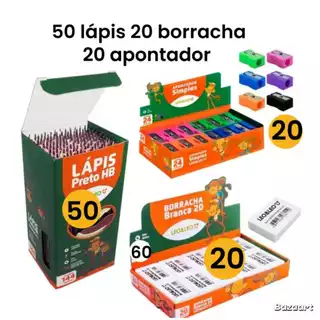 Kit 50 Lápis de Escrever Preto 20 Borracha Escolar Branca N60 20 Apontador Simples Escolar Leo&Leo