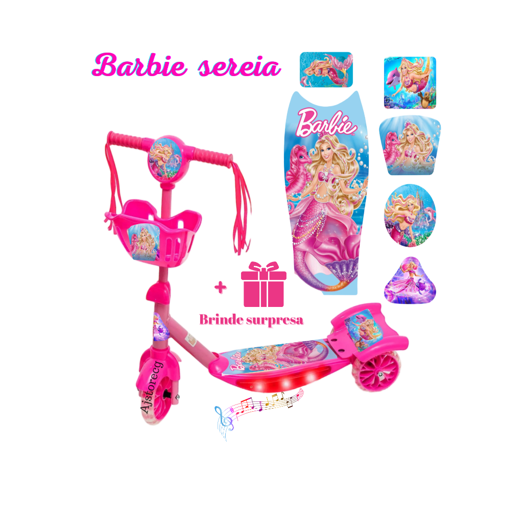 Patinete Barbie Sereia Musical Rosa 3 Rodas + Surpresa + Envio para ...