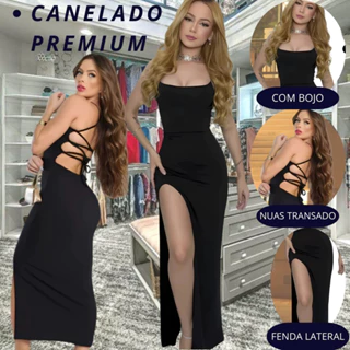 Vestido Longo Feminino  Canelado Fenda Lateral  Alças Cruzadas Costas Ajustável Vestido Elegante em Oferta na Shopee