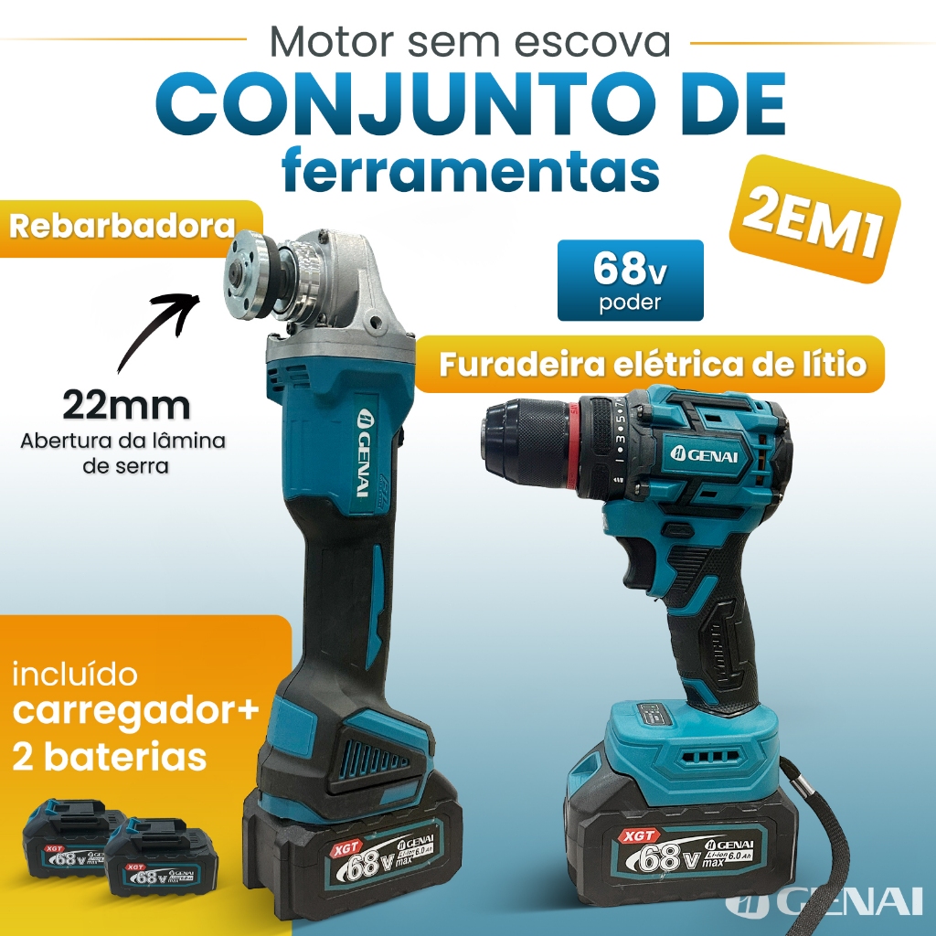 Kit Ferramentas 68V Furadeira e Rebarbadora Sem Fio com Motor Sem Escova e 2 Baterias em Oferta na Shopee
