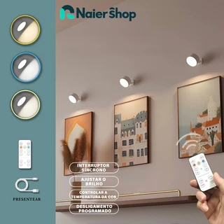 Luminária de Parede LED Arandela Sem Fio com Controle Remoto Toque【USB Type-C +Magnética】 3 Tons Luz