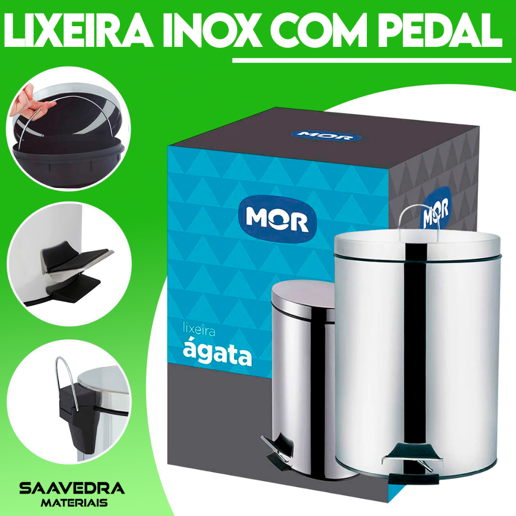 Lixeira Inox 30 Litros Pedal Cesto Balde Interno Removível Aço Inox