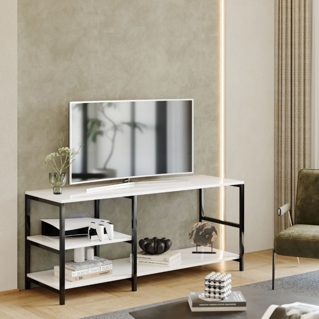Rack Estilo Industrial Brooklin 115 Moderno para Sala TV Branco